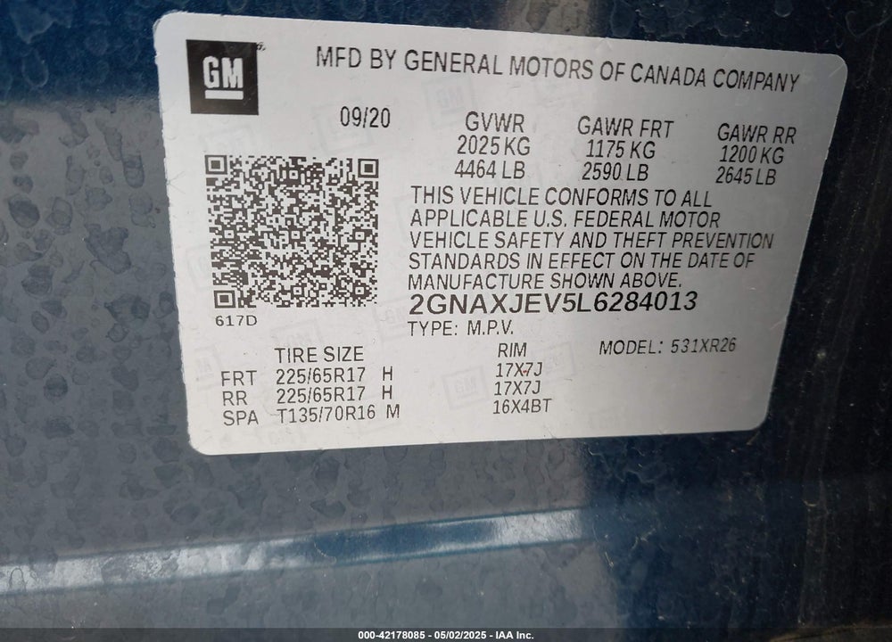 2020 CHEVROLET EQUINOX FWD 2FL VIN: 2GNAXJEV5L6284013