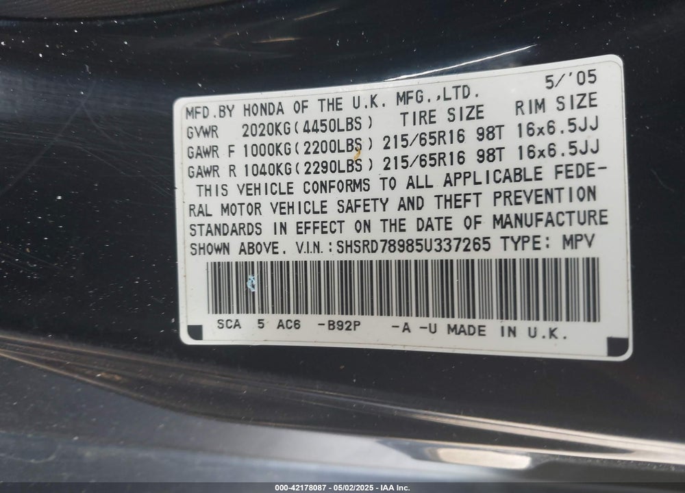 2005 HONDA CR-V SE VIN: SHSRD78985U337265