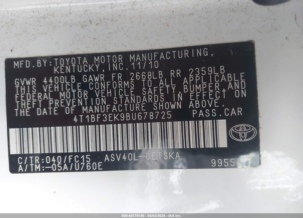2011 TOYOTA CAMRY SE VIN: 4T1BF3EK9BU678725