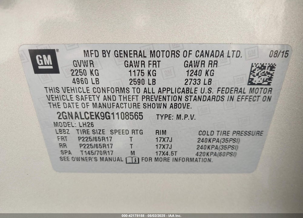 2016 CHEVROLET EQUINOX LT VIN: 2GNALCEK9G1108565