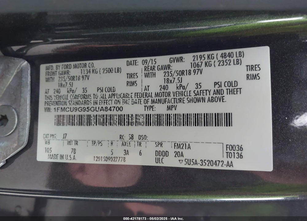2016 FORD ESCAPE SE VIN: 1FMCU9G95GUA84700