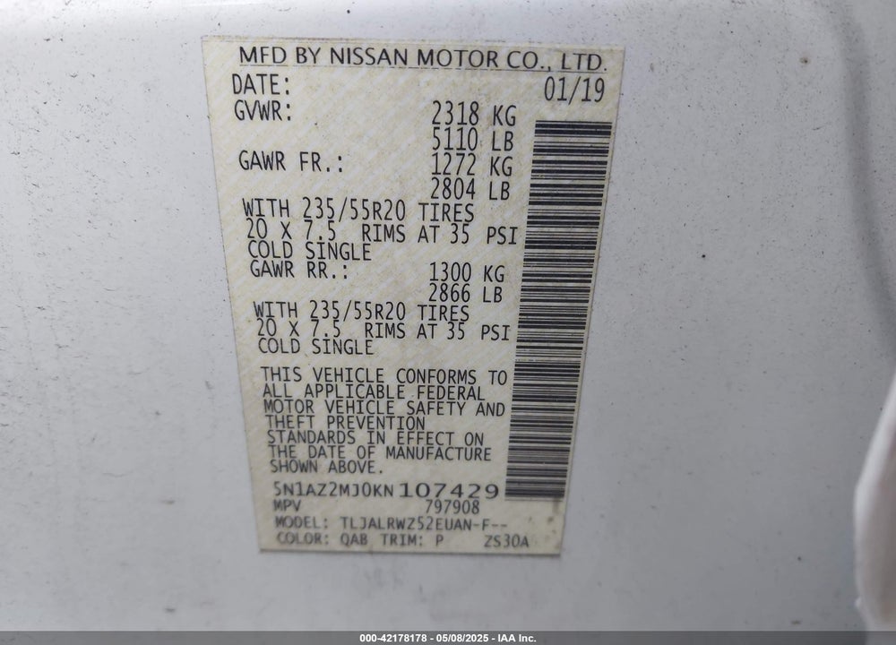 2019 NISSAN MURANO VIN: 5N1AZ2MJ0KN107429