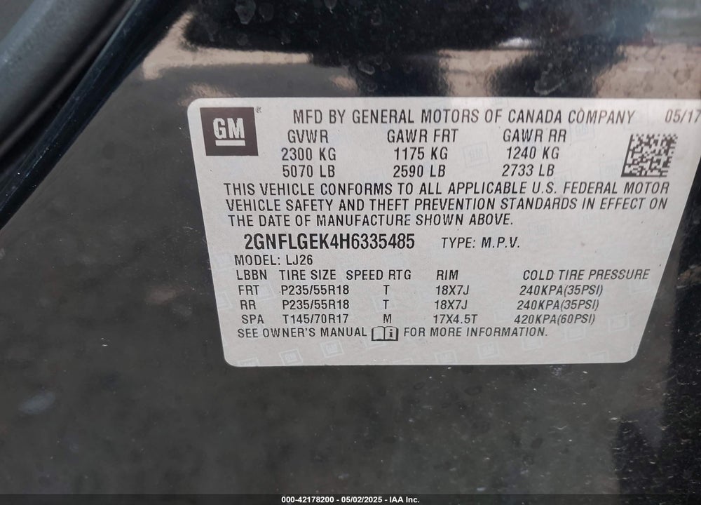 2017 CHEVROLET EQUINOX VIN: 2GNFLGEK4H6335485