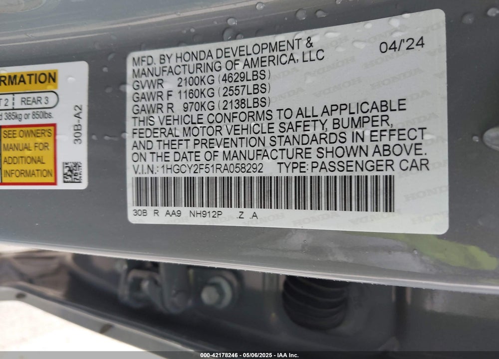2024 HONDA ACCORD HYBRID SPORT VIN: 1HGCY2F51RA058292