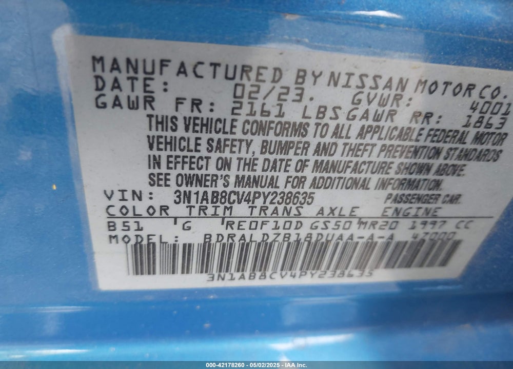 2023 NISSAN SENTRA VIN: 3N1AB8CV4PY238635