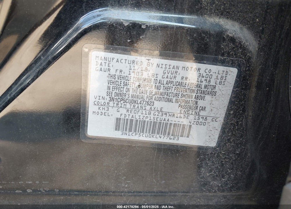 2019 NISSAN KICKS SV VIN: 3N1CP5CU0KL477623