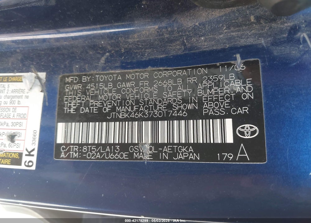 2007 TOYOTA CAMRY XLE V6 VIN: JTNBK46K373017446