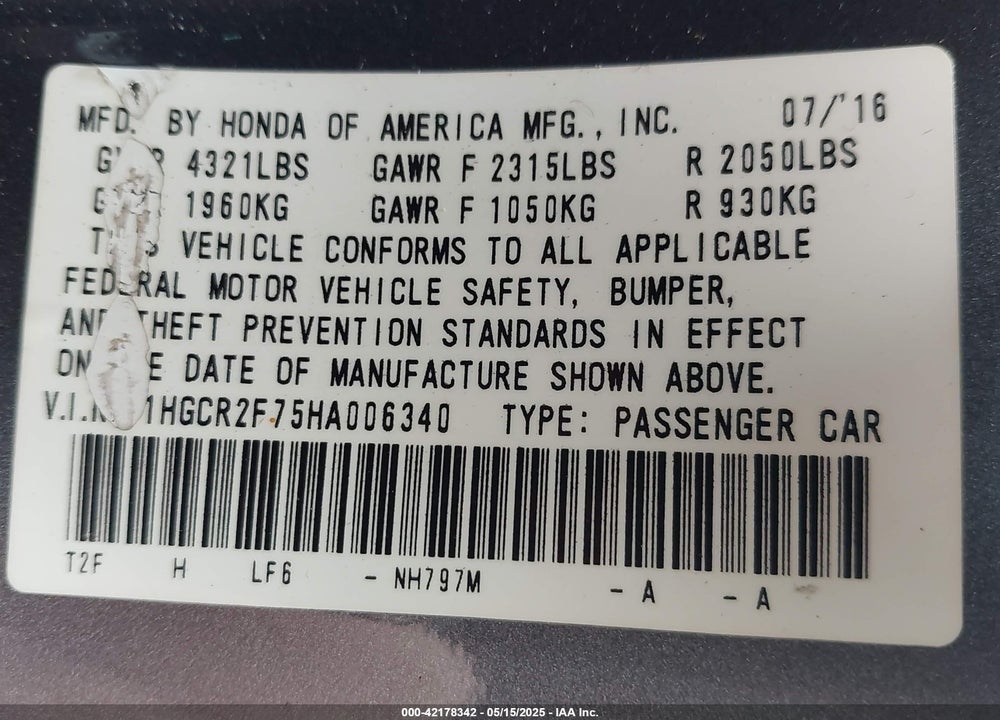 2017 HONDA ACCORD EX VIN: 1HGCR2F75HA006340