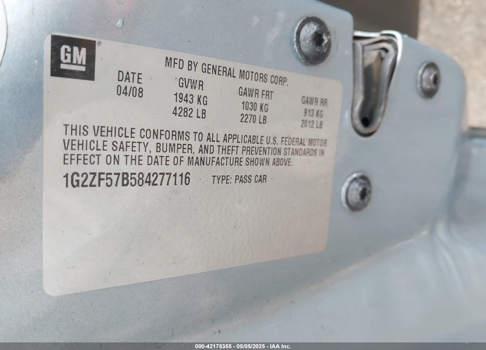 2008 PONTIAC G6 VIN: 1G2ZF57B584277116