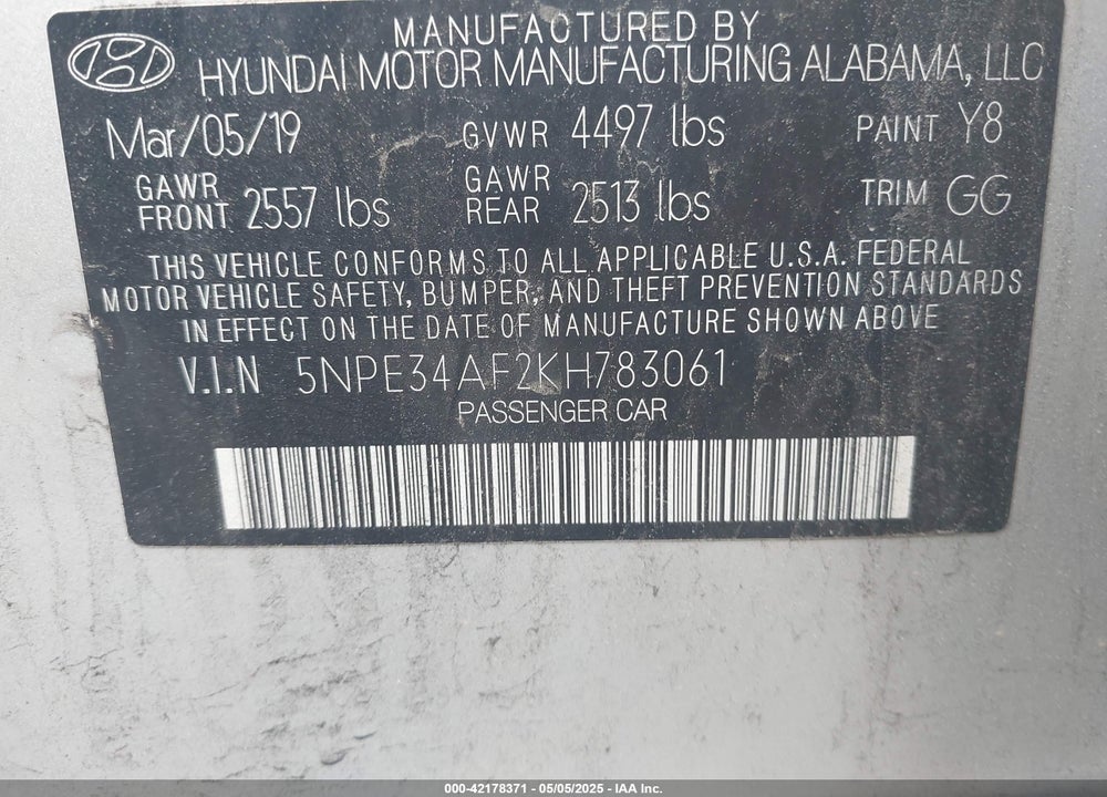 2019 HYUNDAI SONATA SEL VIN: 5NPE34AF2KH783061