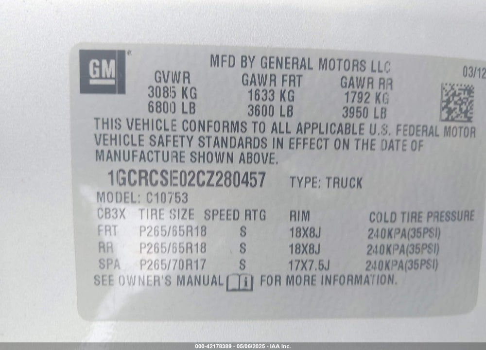 2012 CHEVROLET SILVERADO 1500 LT VIN: 1GCRCSE02CZ280457