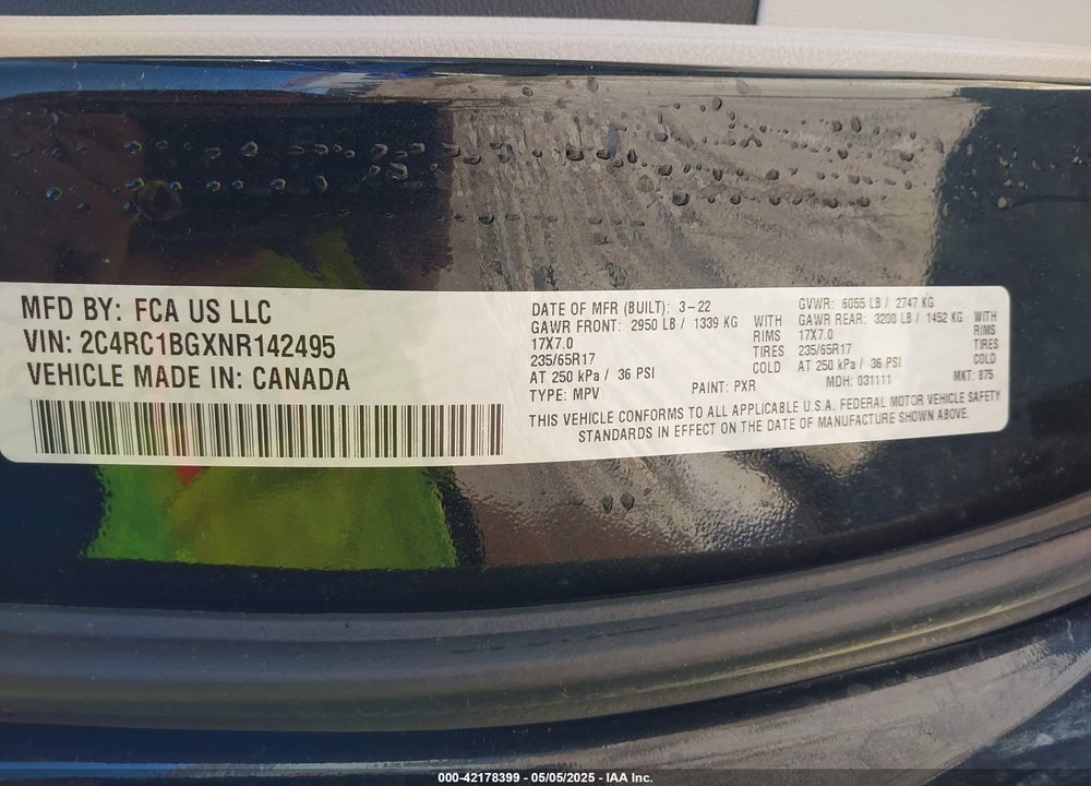 2022 CHRYSLER PACIFICA TOURING L VIN: 2C4RC1BGXNR142495
