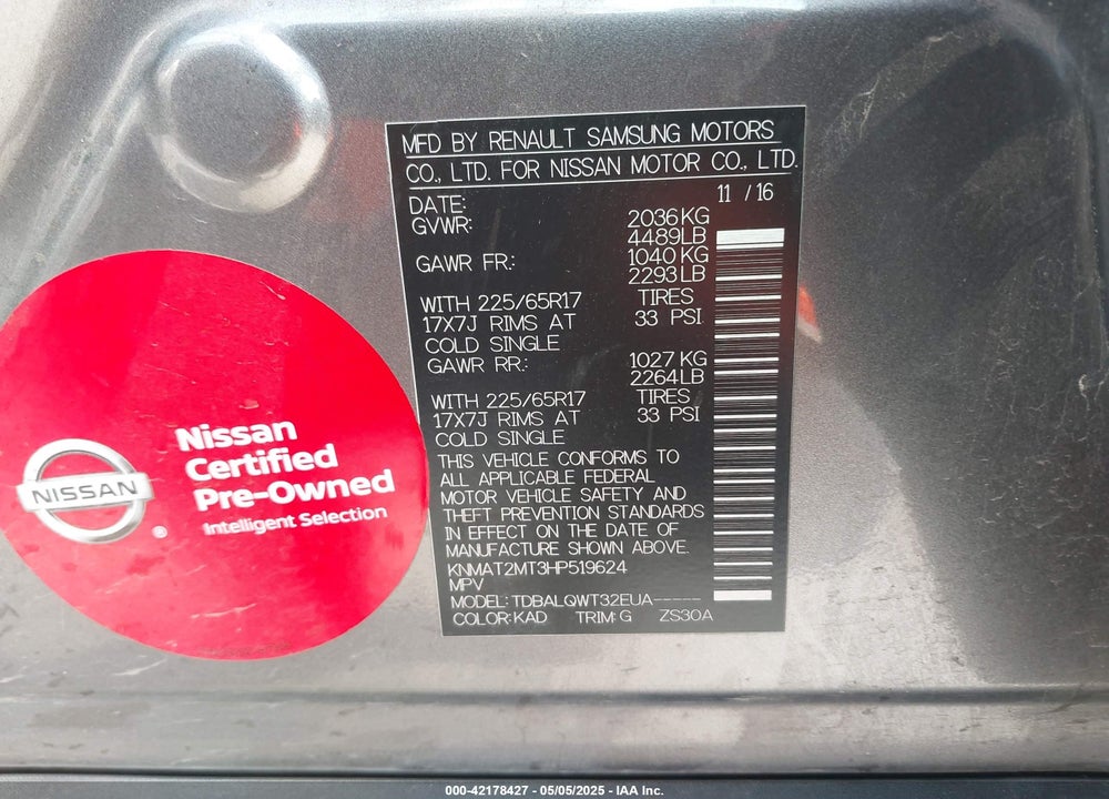 2017 NISSAN ROGUE VIN: KNMAT2MT3HP519624