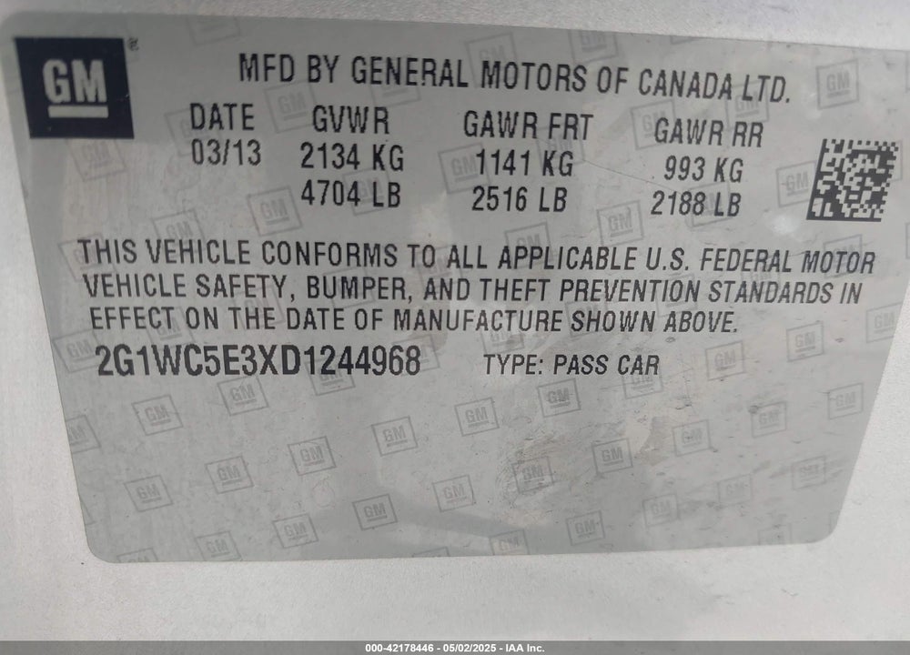 2013 CHEVROLET IMPALA LTZ VIN: 2G1WC5E3XD1244968