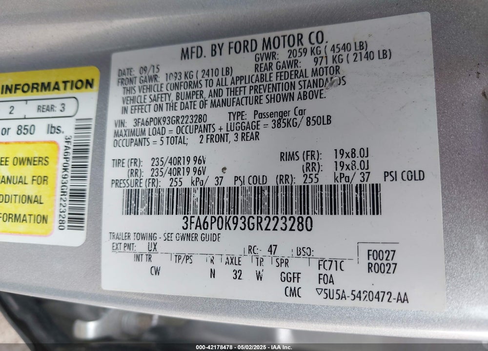 2016 FORD FUSION TITANIUM VIN: 3FA6P0K93GR223280