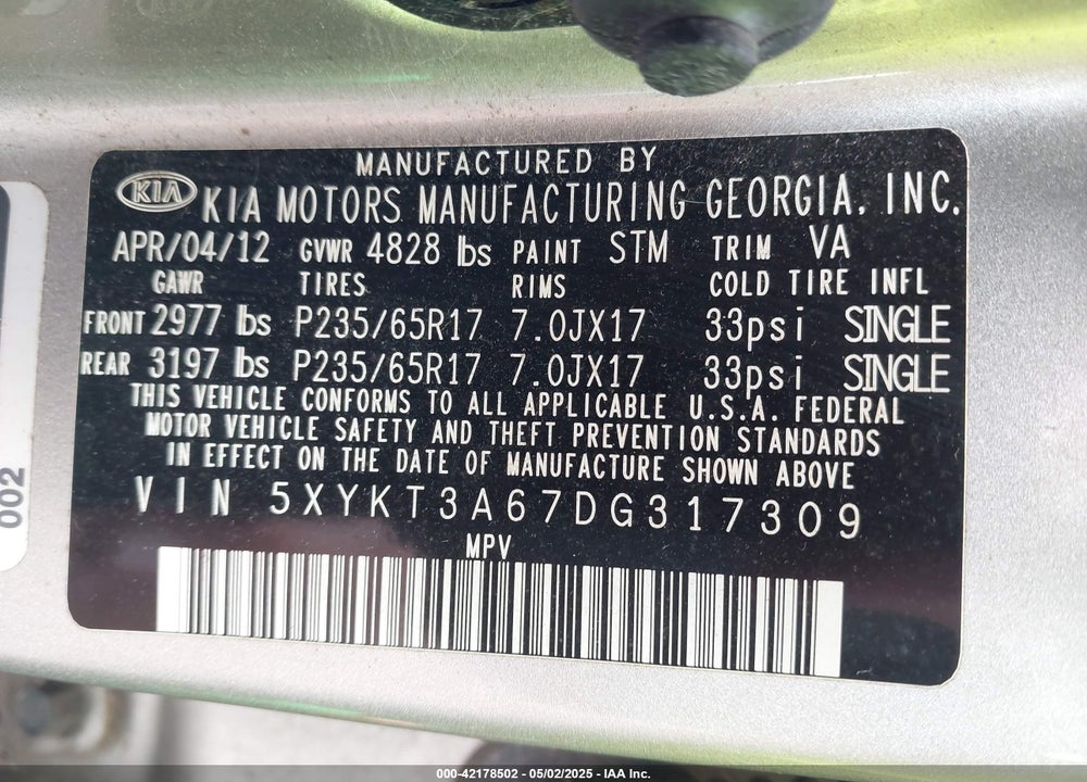 2013 KIA SORENTO LX VIN: 5XYKT3A67DG317309