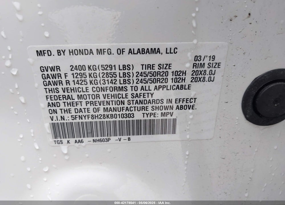 2019 HONDA PASSPORT SPORT VIN: 5FNYF8H28KB010303
