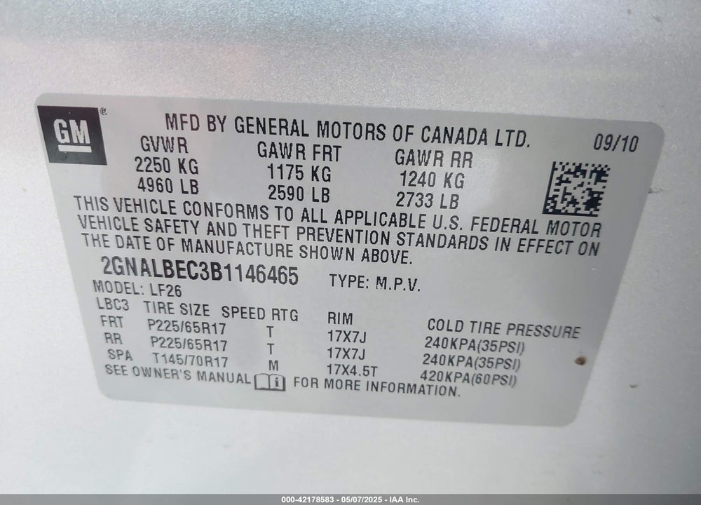 2011 CHEVROLET EQUINOX VIN: 2GNALBEC3B1146465
