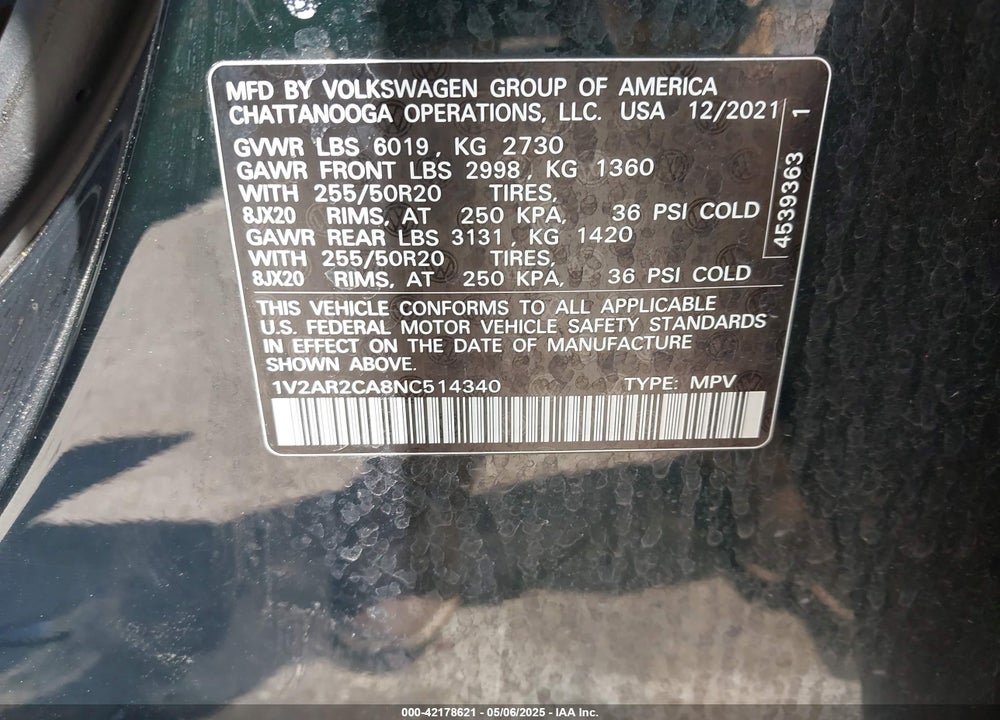 2022 VOLKSWAGEN ATLAS VIN: 1V2AR2CA8NC514340