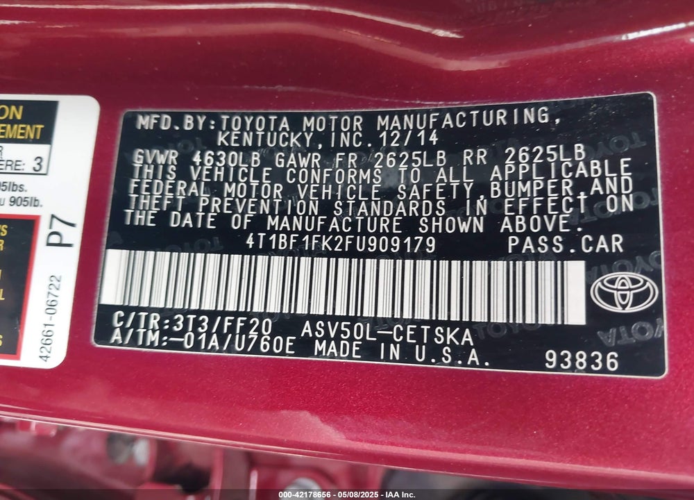 2015 TOYOTA CAMRY SE VIN: 4T1BF1FK2FU909179