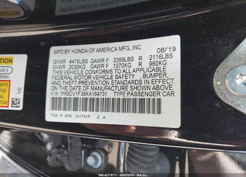 2019 HONDA ACCORD SPORT VIN: 1HGCV1F36KA164731