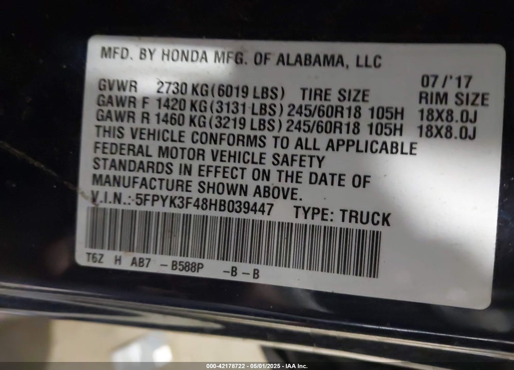 2017 HONDA RIDGELINE VIN: 5FPYK3F48HB039447