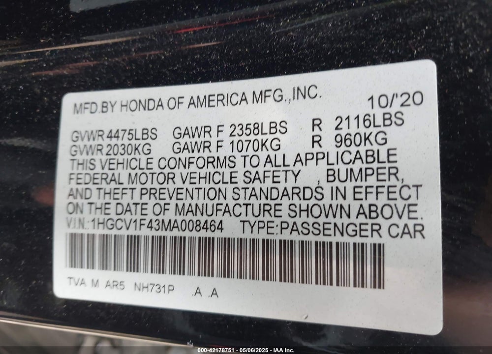 2021 HONDA ACCORD VIN: 1HGCV1F43MA008464