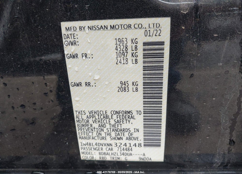 2022 NISSAN ALTIMA VIN: 1N4BL4DVXNN324148