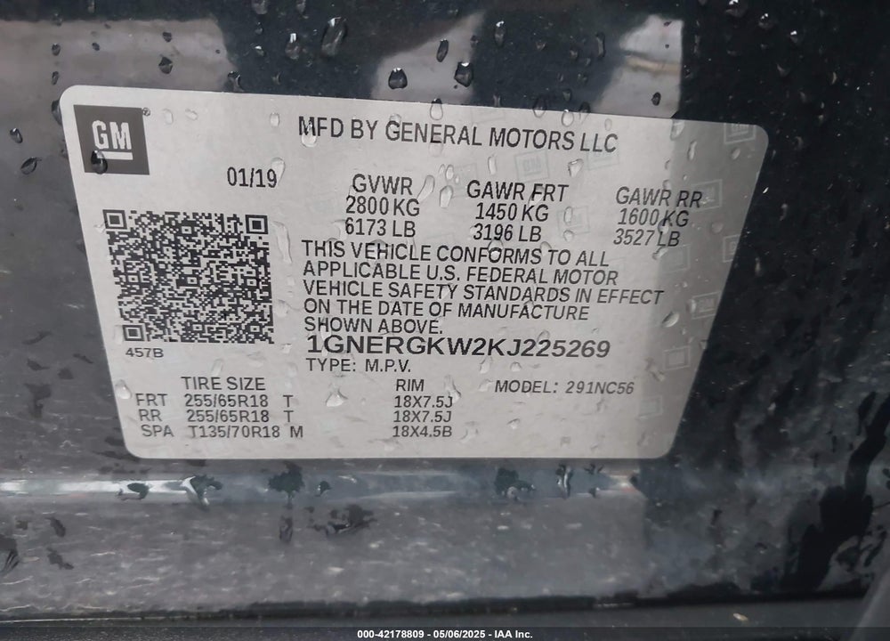 2019 CHEVROLET TRAVERSE 1LT VIN: 1GNERGKW2KJ225269