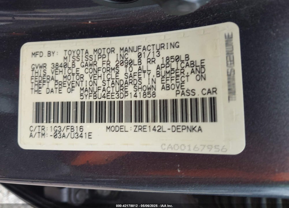 2013 TOYOTA COROLLA VIN: 5YFBU4EE3DP141858