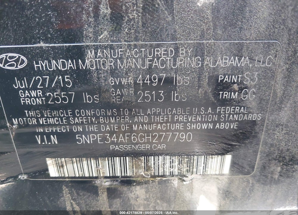 2016 HYUNDAI SONATA VIN: 5NPE34AF6GH277790