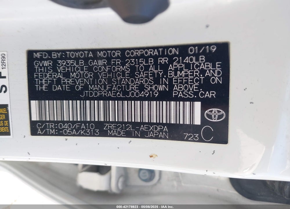 2020 TOYOTA COROLLA VIN: JTDDPRAE6LJ004919