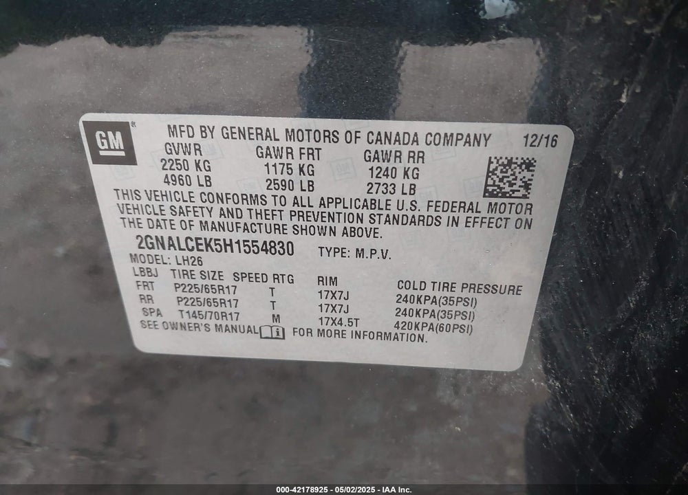 2017 CHEVROLET EQUINOX LT VIN: 2GNALCEK5H1554830