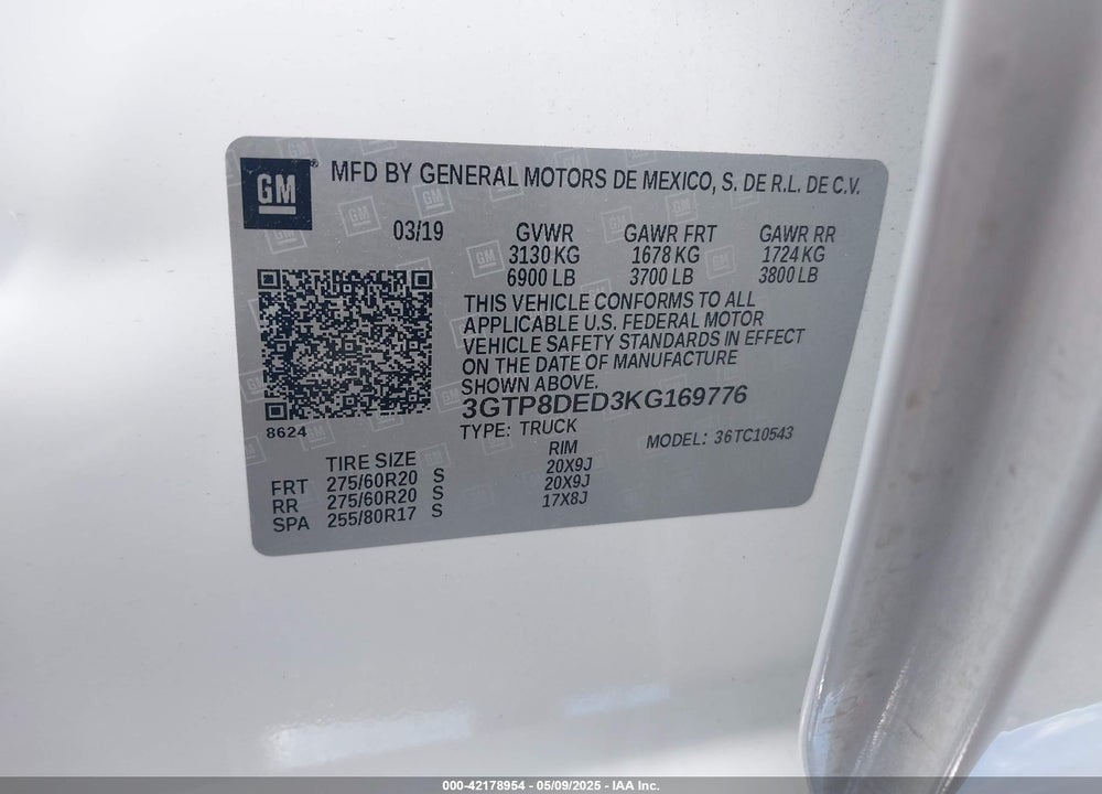 2019 GMC SIERRA 1500 SLT VIN: 3GTP8DED3KG169776
