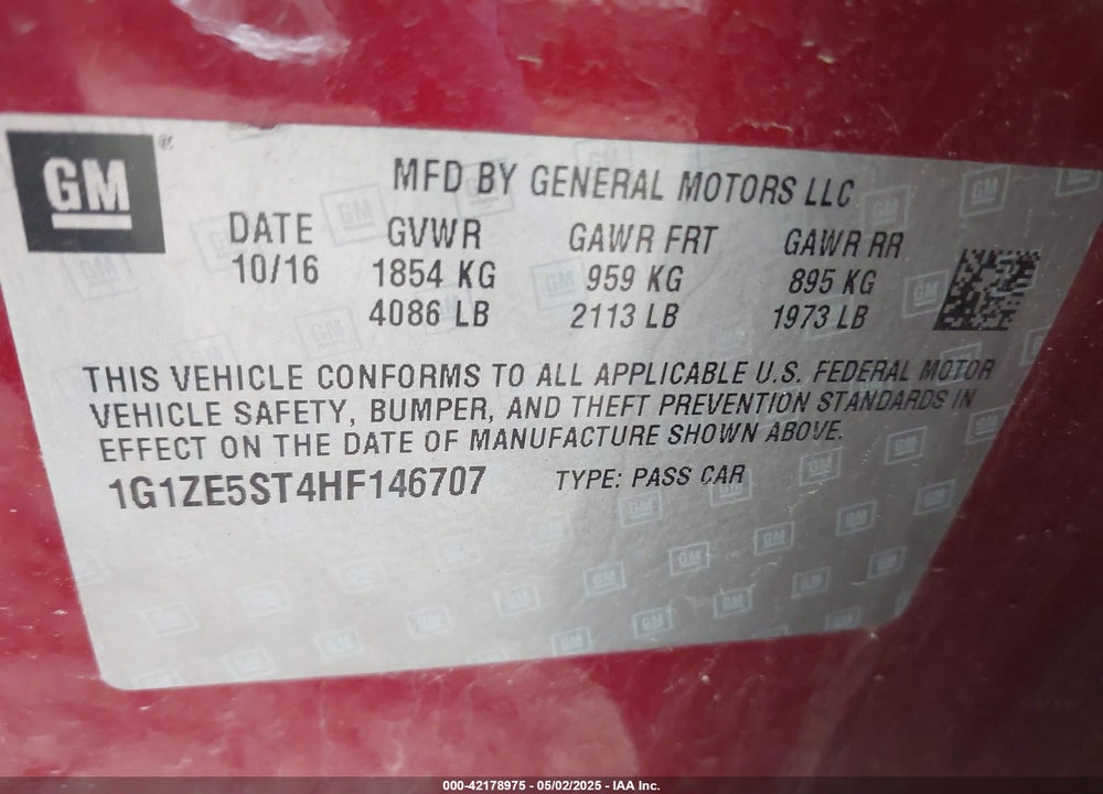2017 CHEVROLET MALIBU VIN: 1G1ZE5ST4HF146707