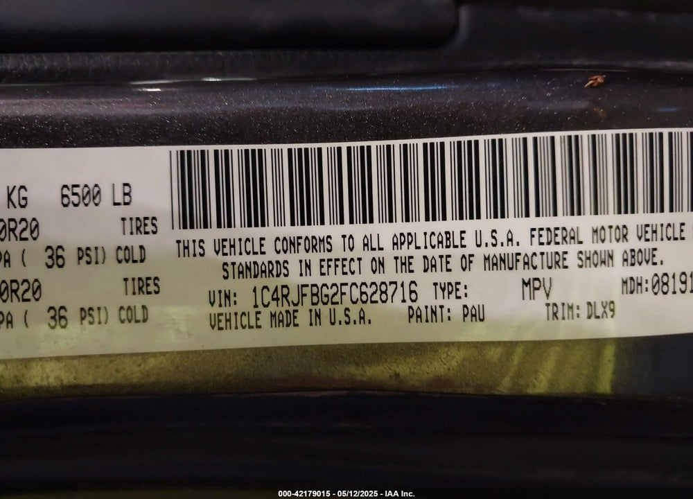 2015 JEEP GRAND CHEROKEE VIN: 1C4RJFBG2FC628716