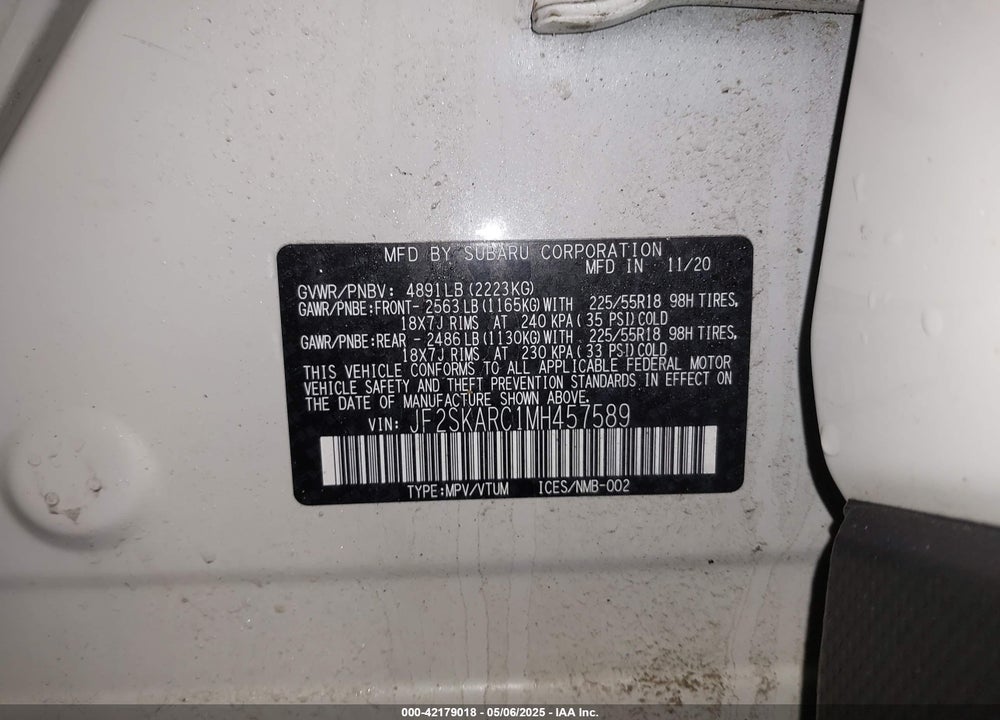2021 SUBARU FORESTER VIN: JF2SKARC1MH457589