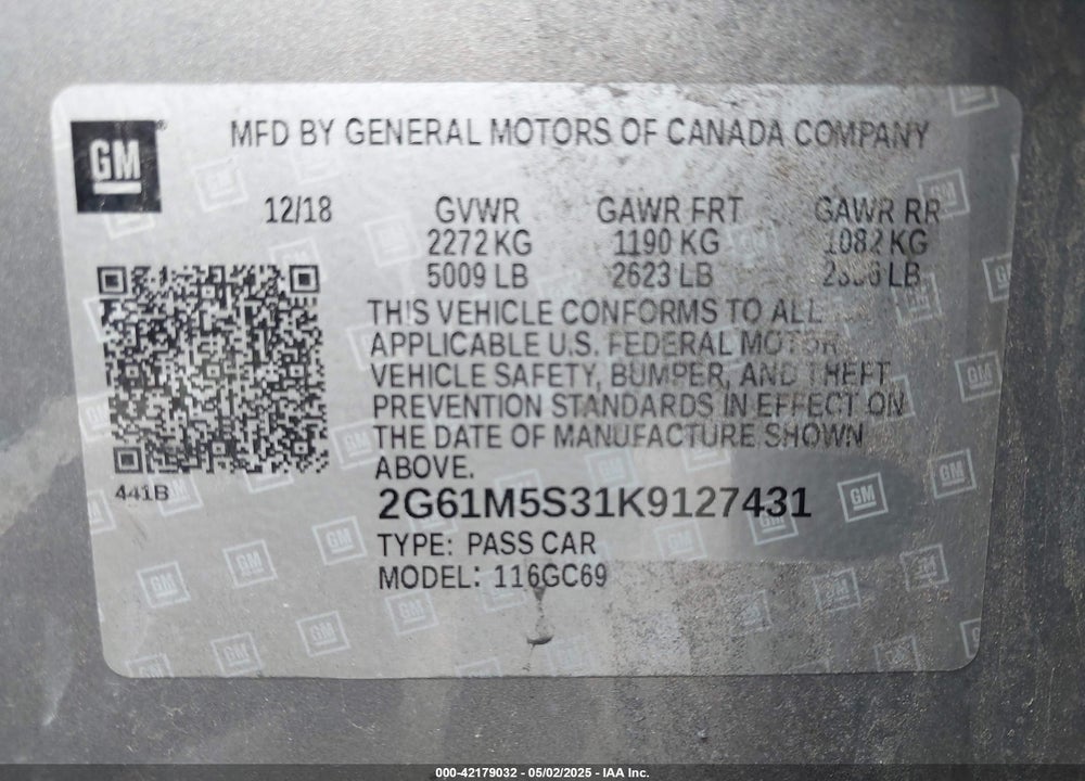 2019 CADILLAC XTS LUXURY VIN: 2G61M5S31K9127431
