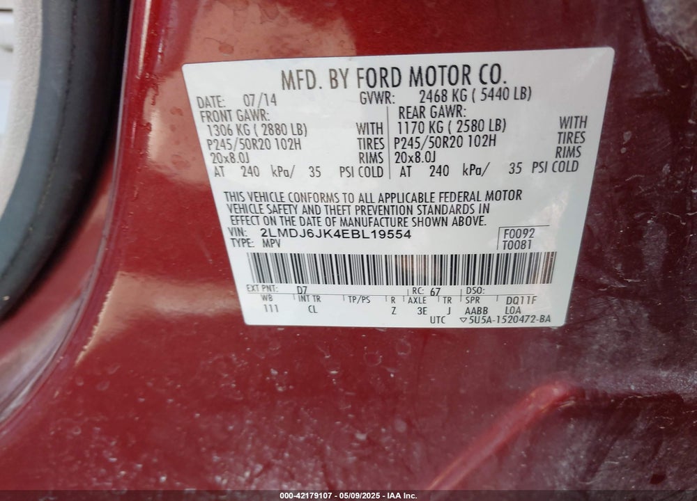 2014 LINCOLN MKX VIN: 2LMDJ6JK4EBL19554