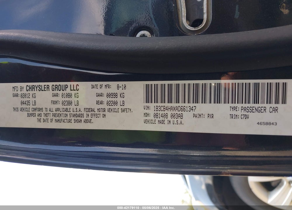 2010 DODGE CALIBER VIN: 1B3CB4HAXAD661347