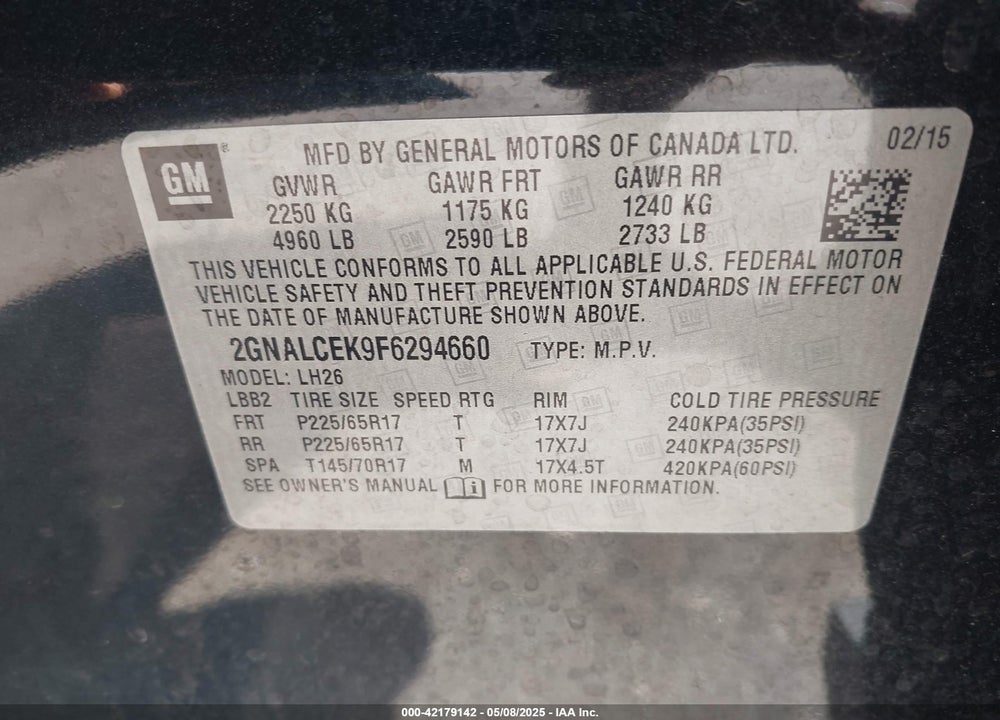 2015 CHEVROLET EQUINOX 2LT VIN: 2GNALCEK9F6294660