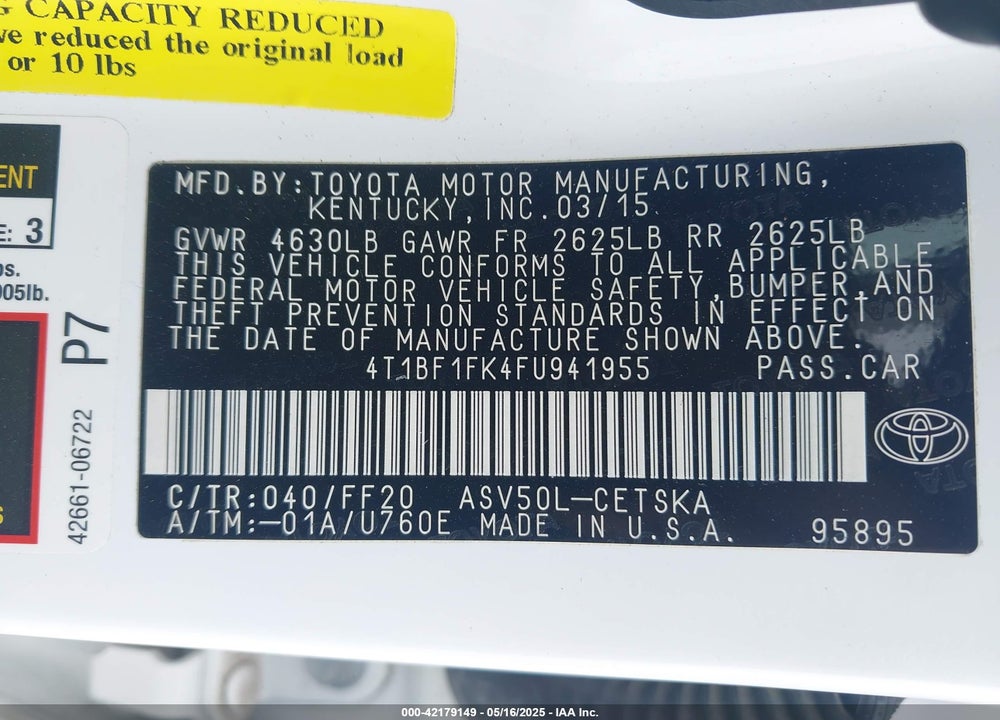 2015 TOYOTA CAMRY VIN: 4T1BF1FK4FU941955
