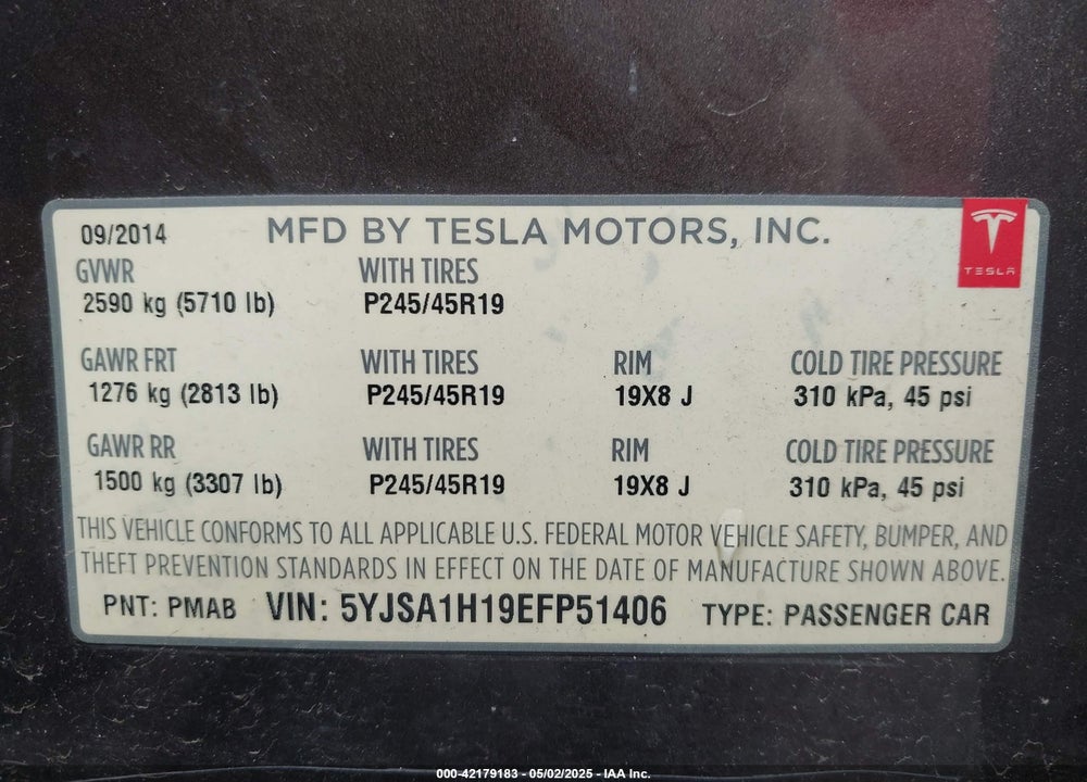 2014 TESLA MODEL S VIN: 5YJSA1H19EFP51406