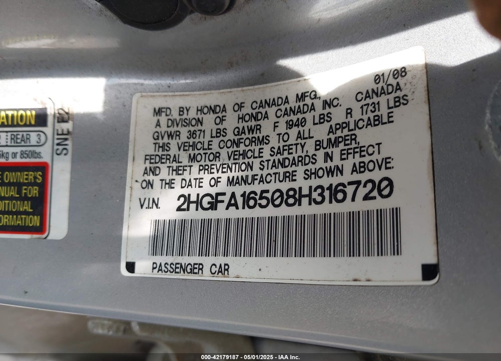 2008 HONDA CIVIC VIN: 2HGFA16508H316720