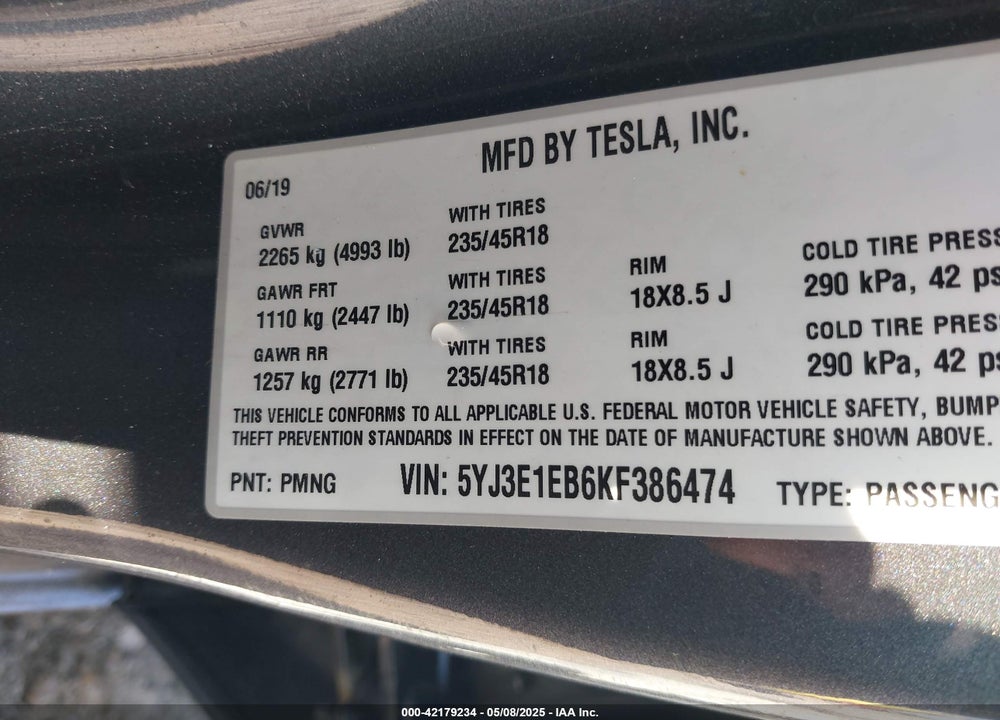 2019 TESLA MODEL 3 VIN: 5YJ3E1EB6KF386474