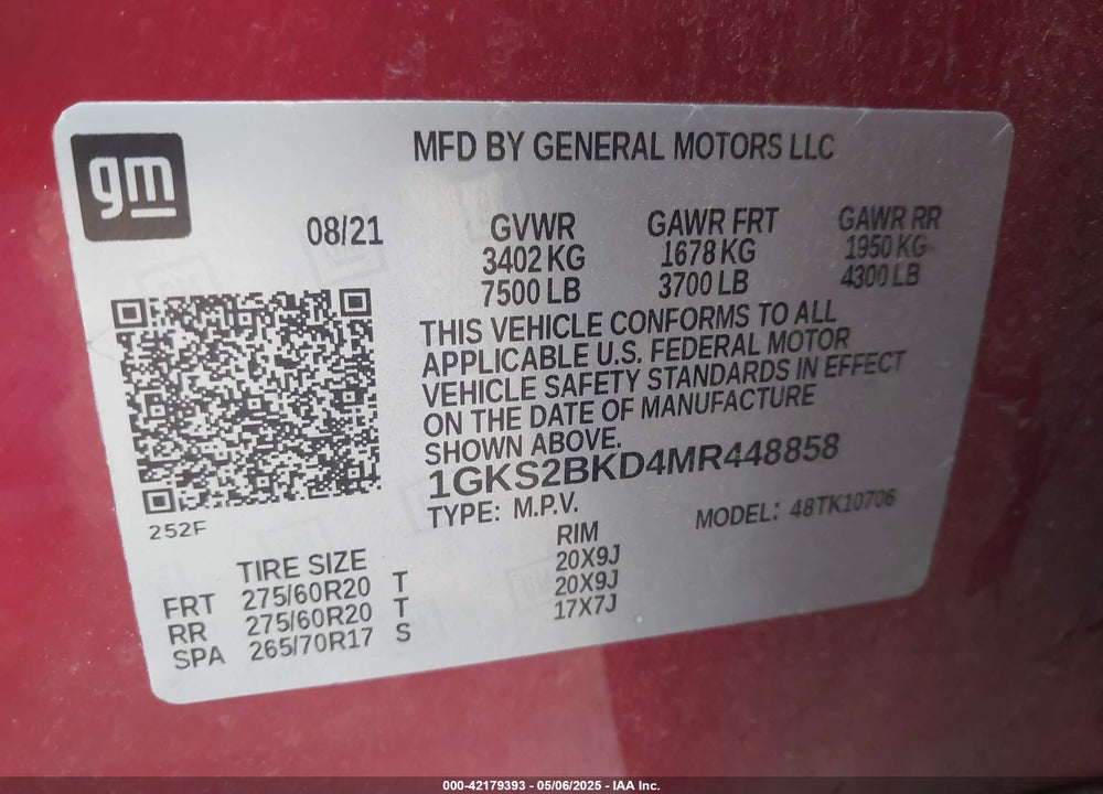 2021 GMC YUKON 4WD SLT VIN: 1GKS2BKD4MR448858