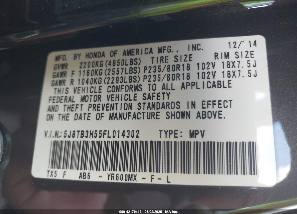 2015 ACURA RDX VIN: 5J8TB3H55FL014302