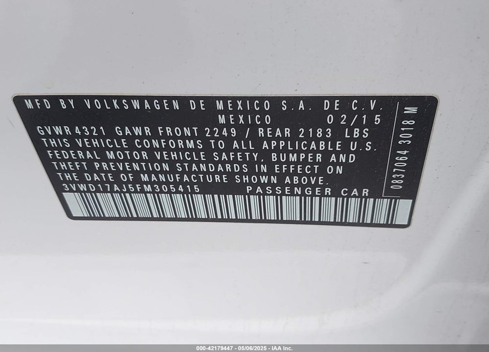 2015 VOLKSWAGEN JETTA VIN: 3VWD17AJ5FM305415