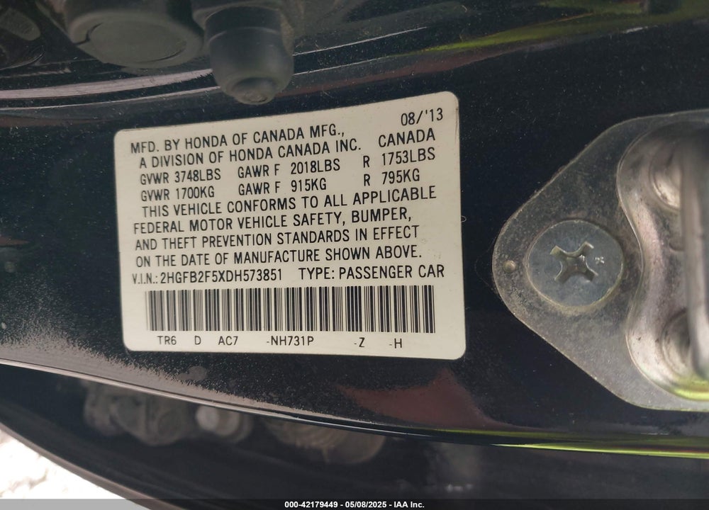 2013 HONDA CIVIC VIN: 2HGFB2F5XDH573851