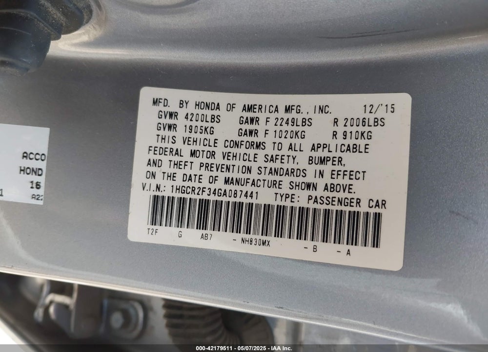 2016 HONDA ACCORD VIN: 1HGCR2F34GA087441